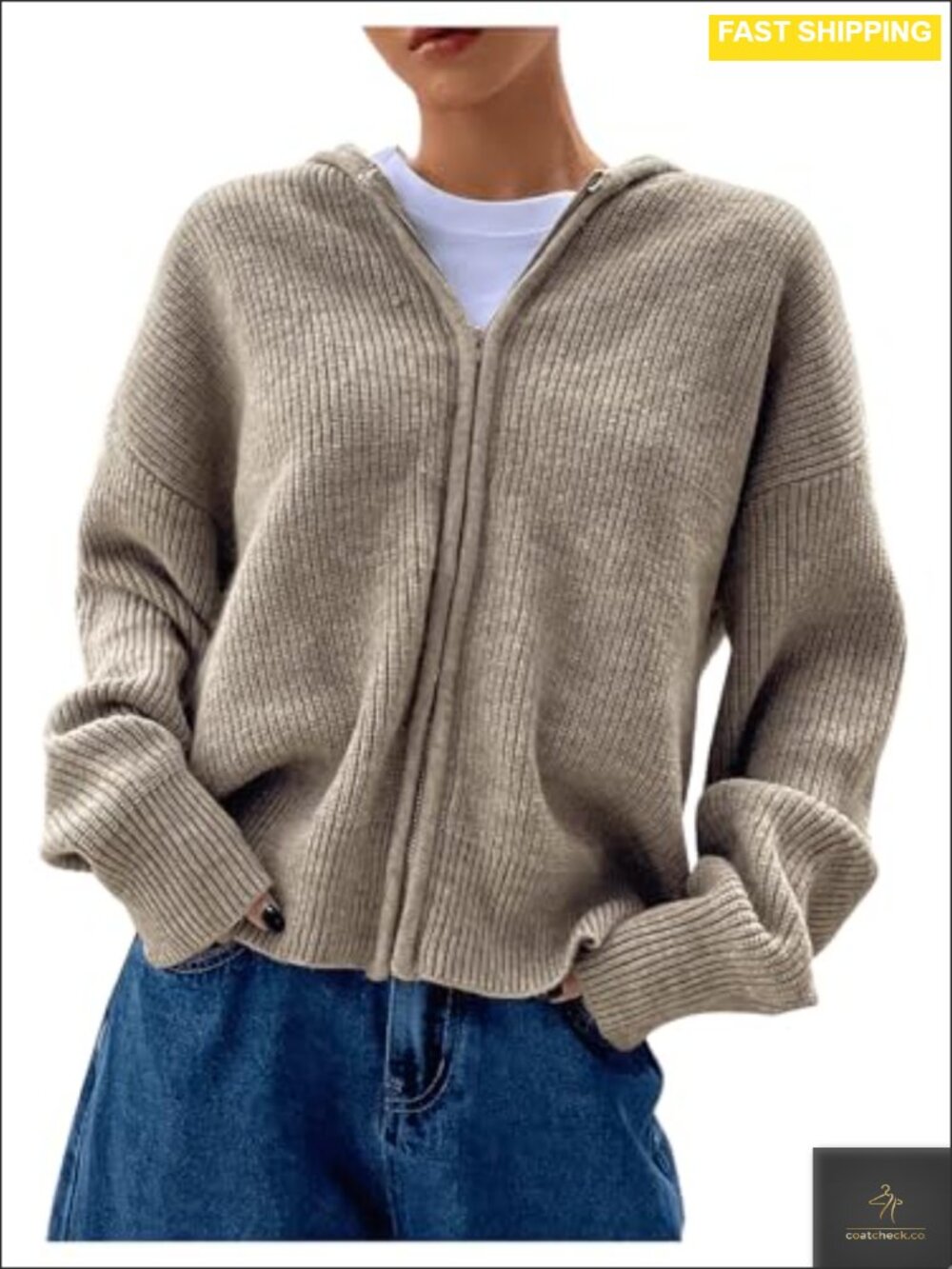 Zip Up Hooded Rib Knit Cardigan Long Sleeve Drop Shoulder Sweater
